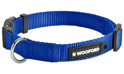 Collare cane regolabile blu, resistente anello D in metallo argento per medaglietta, nylon leggero e durevole.
