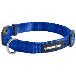 Collare cane regolabile blu, resistente anello D in metallo argento per medaglietta, nylon leggero e durevole.