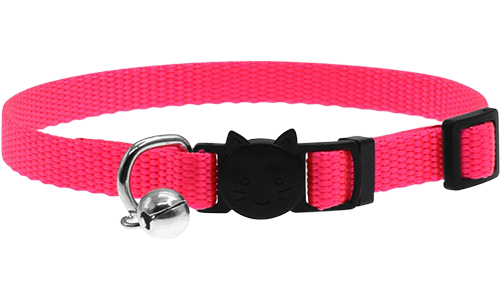 Collare gatto regolabile rosa, leggero, fibbia di sicurezza con design gatto e piccolo campanellino argento.