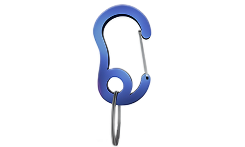 Gancio a scatto carabiner blu con piccolo anello diviso, 16mm x 27mm, per fissare medagliette ai collari.