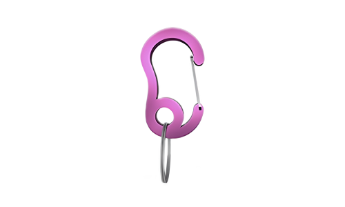 Gancio a scatto carabiner rosa con piccolo anello diviso, 13x22mm, per fissare medagliette ai collari.