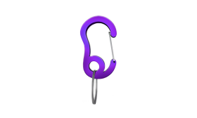 Gancio a scatto carabiner viola con piccolo anello diviso, 13x22mm, per fissare medagliette ai collari.