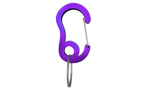 Gancio a scatto carabiner viola con piccolo anello diviso, 16mm x 27mm, per fissare medagliette ai collari.