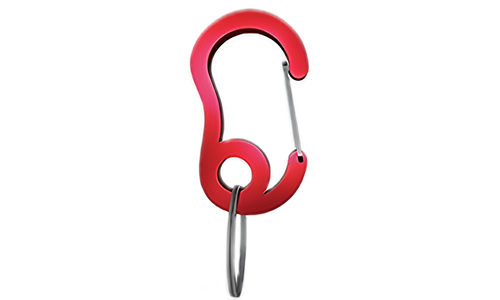 Gancio a scatto carabiner rosso con piccolo anello diviso, 16mm x 27mm, per fissare medagliette ai collari.