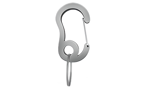 Gancio a scatto carabiner argentato con piccolo anello diviso, 16mm x 27mm, per fissare medagliette ai collari.