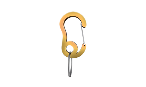 Gancio a scatto carabiner giallo con piccolo anello diviso, 13x22mm, per fissare medagliette ai collari.