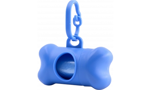 Distributore di sacchetti per escrementi cane a forma di osso blu, si attacca facilmente ai guinzagli per un accesso rapido.