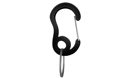 Gancio a scatto carabiner nero con piccolo anello diviso, 16mm x 27mm, per fissare medagliette ai collari.