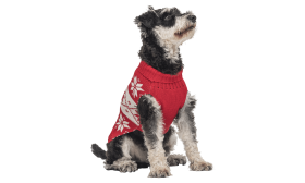 Maglione invernale rosso per cani con motivo fiocchi di neve bianchi, lavabile, offre calore e stile festivo.
