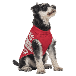 Maglione invernale rosso per cani con motivo fiocchi di neve bianchi, lavabile, offre calore e stile festivo.