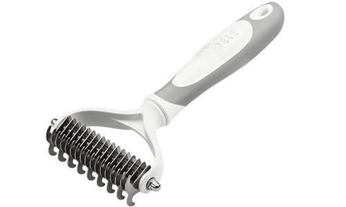 Rake dematting bianco per cane con lame in acciaio inox e manico ergonomico, per rimuovere nodi e ridurre la muta.