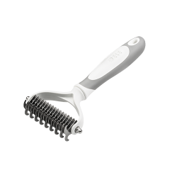 Rake dematting bianco per cane con lame in acciaio inox e manico ergonomico, per rimuovere nodi e ridurre la muta.