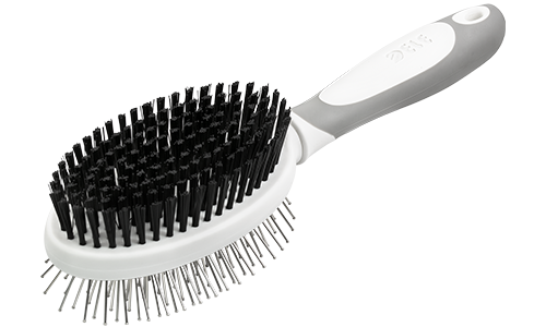 Spazzola doppia per cane con manico ergonomico, setole morbide da un lato e spilli metallici dall'altro per toelettatura.
