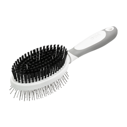Spazzola doppia per cane con manico ergonomico, setole morbide da un lato e spilli metallici dall'altro per toelettatura.