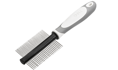 Pettine doppio per cane con manico ergonomico, denti metallici fini e larghi per districare e pettinare.
