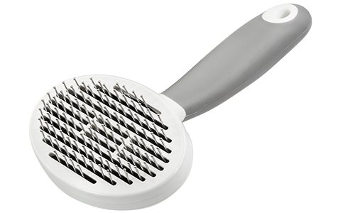 Spazzola auto-pulente per cani e gatti con spilli metallici fini e manico ergonomico, per rimuovere peli e nodi.