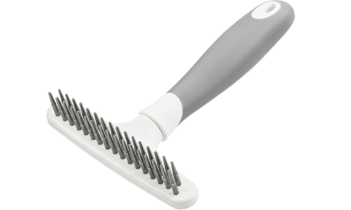 Rake per sottopelo cane con 32 spilli metallici e manico ergonomico, per rimuovere peli e ridurre la muta.