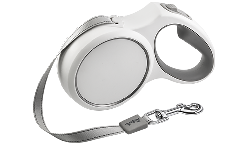 Guinzaglio retrattile bianco per cane con manico grigio ergonomico, estensibile fino a 5 metri, con clip robusto.