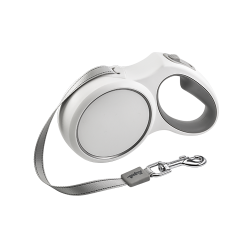 Guinzaglio retrattile bianco per cane con manico grigio ergonomico, estensibile fino a 5 metri, con clip robusto.
