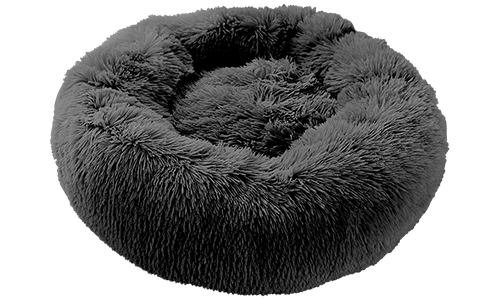 Letto Morbido per Animali Letto per cane di lusso, forma rotonda, grigio scuro, materiale morbido, con peluche per comfort accogliente.
