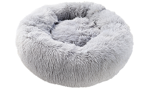 Letto per cane di lusso, forma rotonda, grigio, materiale morbido di alta qualità, per comfort e design elegante.
