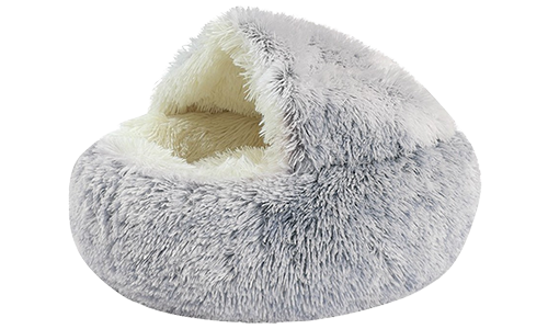 Letto per animali a forma di pantofole grigio con interno soffice, materiale morbido, spazio chiuso per il riposo.