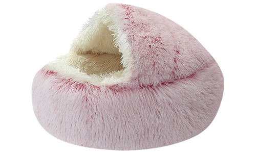 Letto per animali a forma di pantofole rosa con interno soffice, materiale morbido, spazio chiuso per il riposo.