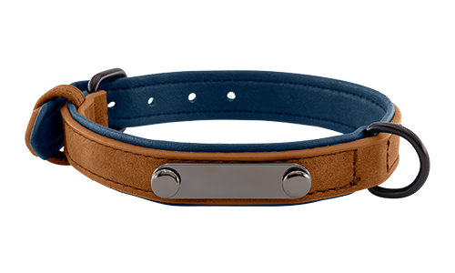 Collare per cane in velluto marrone con placca ID integrata per incisione del nome, lunghezza 35 - 37 cm, con D-ring.