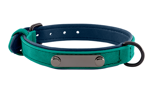 Collare per cane in velluto verde con placca ID integrata per incisione del nome, lunghezza 35 - 37 cm, con D-ring.