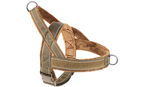 Imbracatura per cane riflettente marrone con imbottitura morbida e design no-pull, visibilità migliorata.