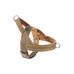Imbracatura per cane riflettente marrone con imbottitura morbida e design no-pull, visibilità migliorata.