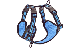 Imbracatura per cane in nylon traspirante blu, elegante, con cinturini regolabili, fibbie a sgancio rapido.