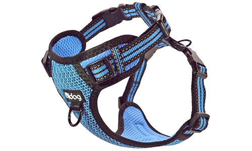 Imbracatura per cane in nylon traspirante blu, elegante, con fibbia e cinturini regolabili, fibbie a sgancio rapido.