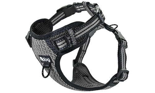 Imbracatura per cane in nylon traspirante nera, elegante, con fibbia e cinturini regolabili, fibbie a sgancio rapido.