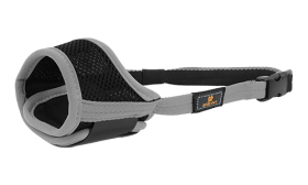 Museruola Morbida Regolabile Imbottita per Cani Museruola per cane imbottita regolabile grigia, materiale in nylon leggero, progettata per comfort e vestibilità sicura.