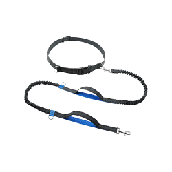 Guinzaglio retrattile blu per corsa, lunghezza 70 - 120 cm, larghezza 2,5 cm, cinturino regolabile, manici imbottiti.