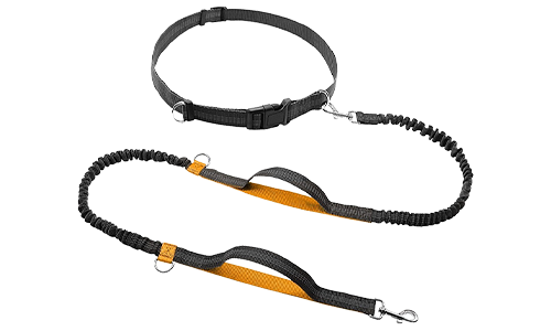Guinzaglio retrattile arancione per corsa, lunghezza 70 - 120 cm, larghezza 2,5 cm, cinturino regolabile, manici imbottiti.