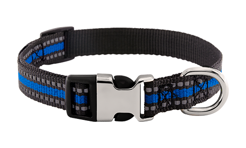 Collare per Cani Riflettente con Fibbia Collare riflettente blu per cane con fibbia metallica regolabile, lunghezza 27-40 cm, con D-ring per attacco guinzaglio.