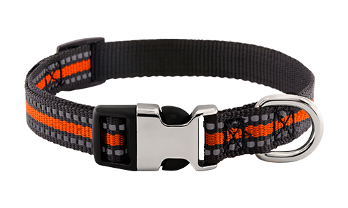 Collare per Cani Riflettente con Fibbia Collare riflettente arancione per cane con fibbia metallica regolabile, lunghezza 27-40 cm, D-ring per attacco guinzaglio.