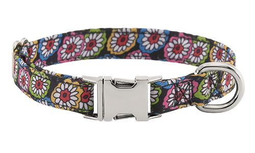 Collare per Cani con Fibbia Collare per cane con motivo floreale colorato e fibbia metallica regolabile, lunghezza 27 - 40 cm, D-ring per attacco.
