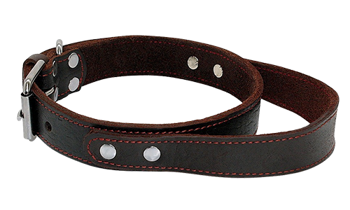Collare per cane in pelle marrone con manico rapido, resistente e robusto, con fibbia metallica regolabile.