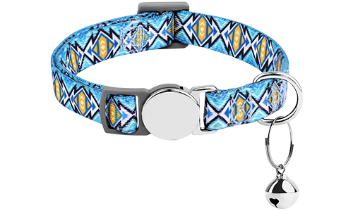 Collare per gatto con motivo blu e fibbia metallica, regolabile e leggero per il comfort, con piccola campanella.