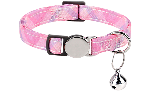 Collare per gatto a quadri rosa con fibbia metallica, regolabile e leggero per il comfort, con campanella argentata.