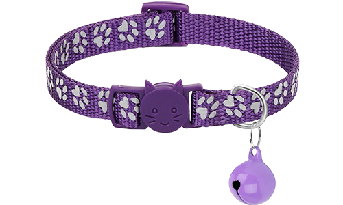 Collare per gatto con motivo a zampette viola, regolabile e leggero per il comfort, fibbia di sicurezza.