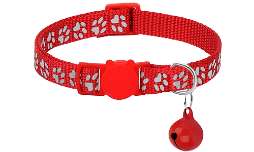 Collare per gatto con motivo a zampette rosse, regolabile e leggero per il comfort, fibbia di sicurezza.
