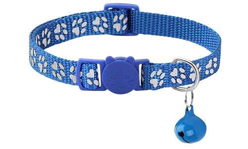 Collare per gatto con motivo a zampette blu, regolabile e leggero per il comfort, fibbia di sicurezza.
