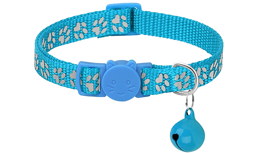 Collare per gatto con motivo a zampette azzurre, regolabile e leggero per il comfort, fibbia di sicurezza.