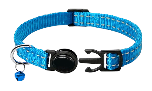 Collare per gatto riflettente blu, regolabile 21-34 cm di lunghezza e 1 cm di larghezza, nylon riflettente e leggero.