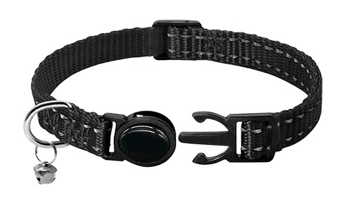 Collare per gatto riflettente nero, resistente e robusto, nylon riflettente e leggero.