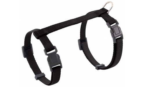 Collare per gatto nero con cinturini regolabili e D-ring in metallo resistente per guinzaglio, sicuro e comodo.